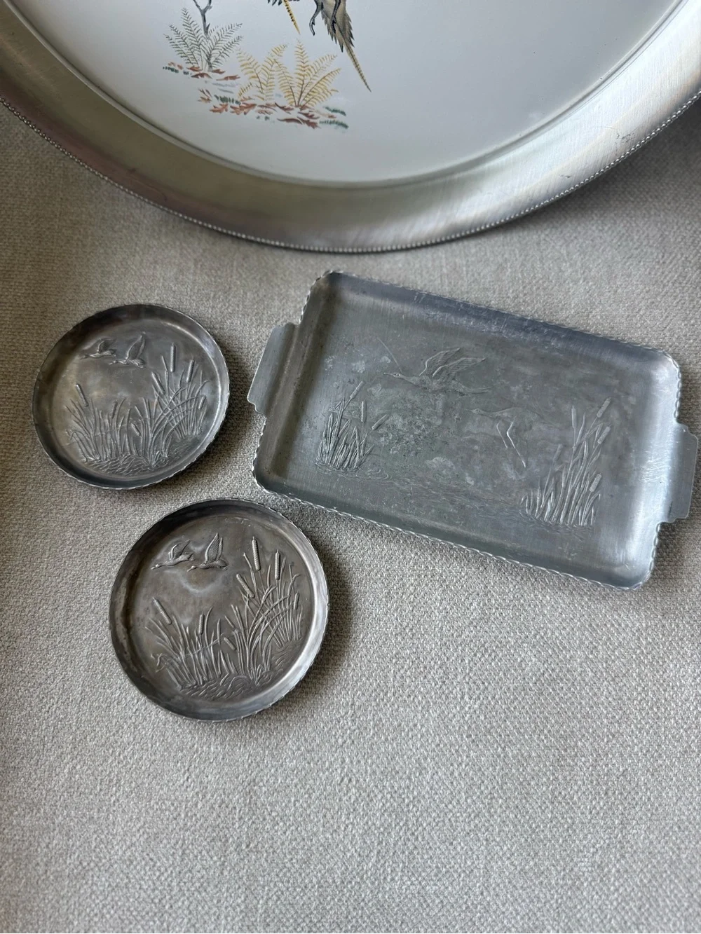 Vintage Aluminum Tray and Coaster Set with Flying Ducks Relief